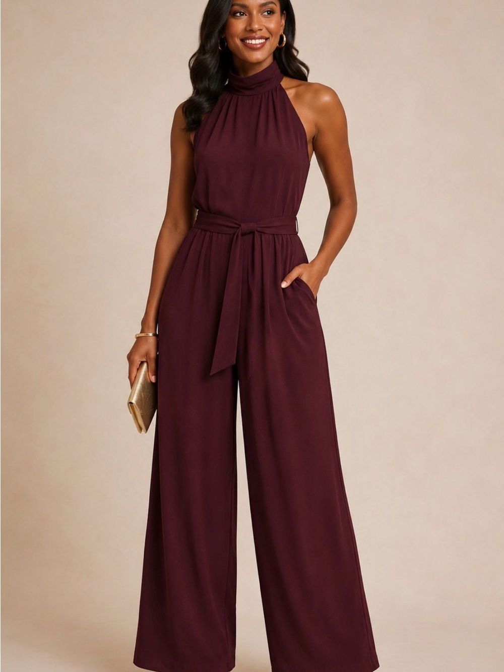 NWTTiana B. Sleeveless Halter Wide-Leg Jumpsuit in Burgundy SZ1X